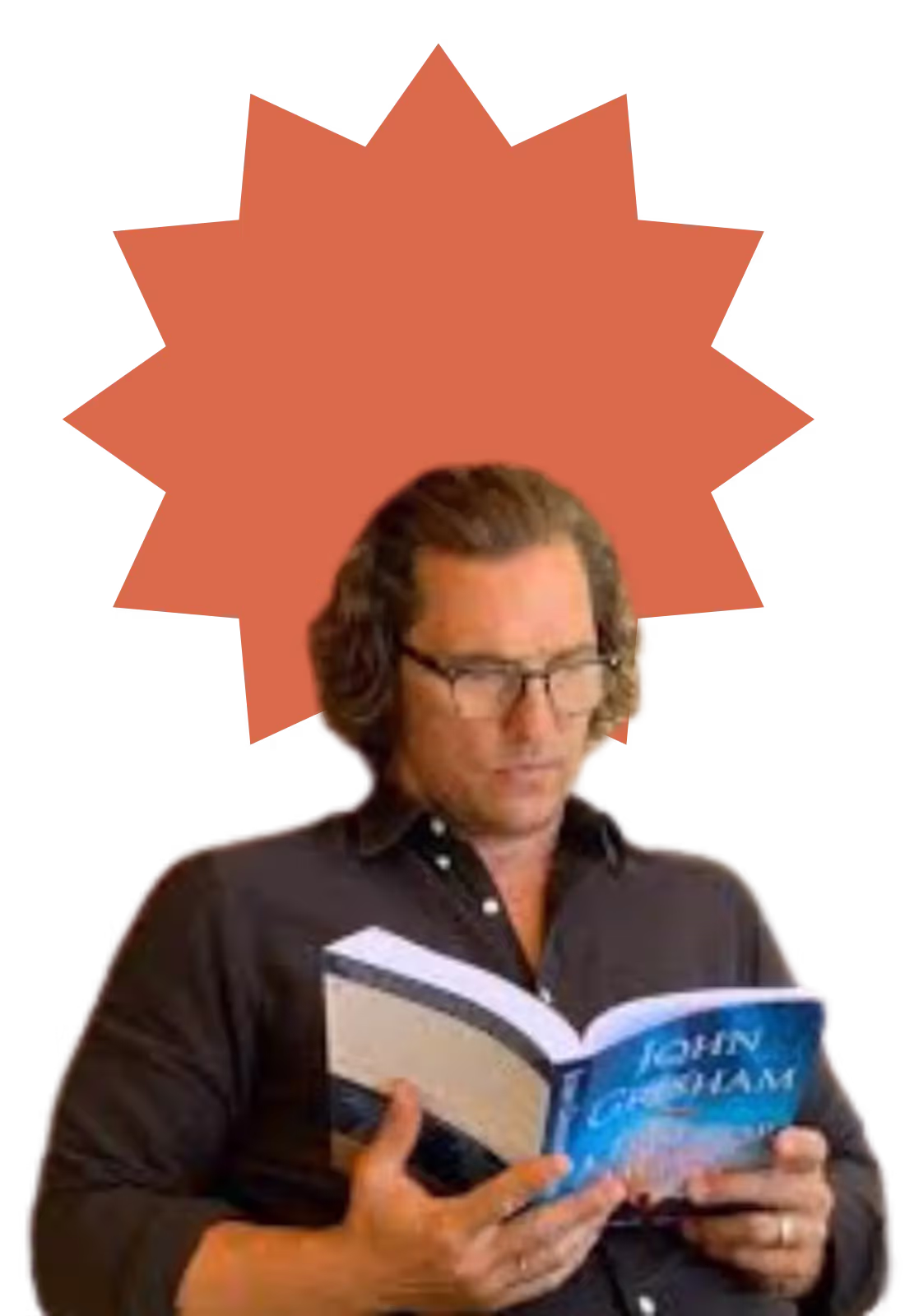 A man reading a book with the title John Gham.