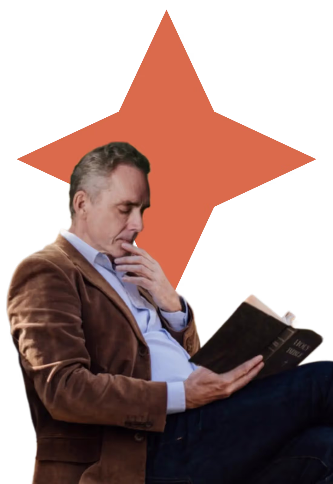 A man in a brown jacket is reading a book.